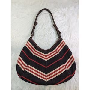 Authentic Burberry Blue Vintage London Hobo Bag Horizontal Stripes Retired Japan